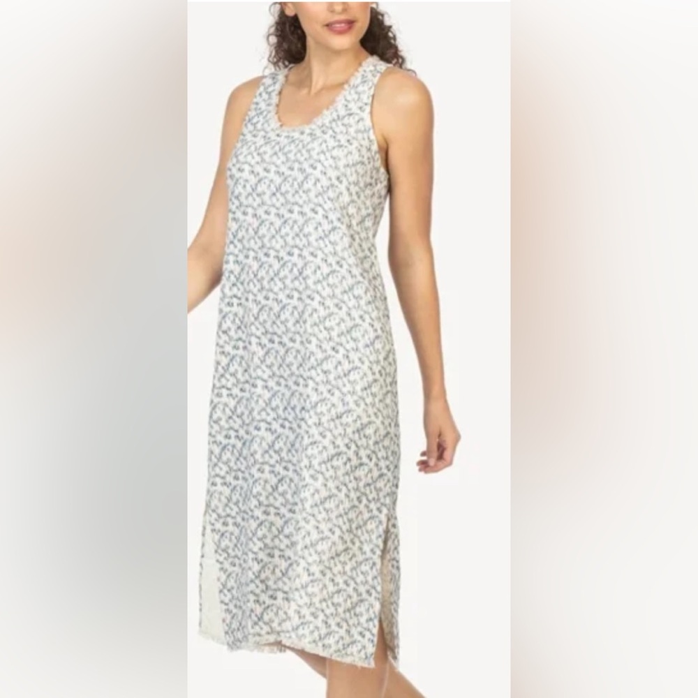 Lilla P IKAT Dress MIDI Cotton Sundress Blue & White Hand Pockets Fringe M 👍